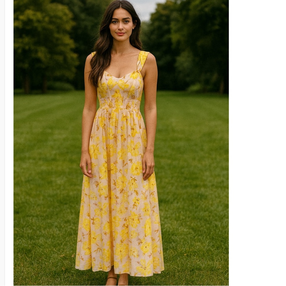 NWT Grace Karin butter yellow Floral Smocked Maxi Dress prairie boho cottage S
